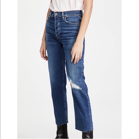$265 NWT RE/DONE 70s Stove Pipe High Rise Button Fly Knee Rip Jeans Size 25 - Picture 4 of 15